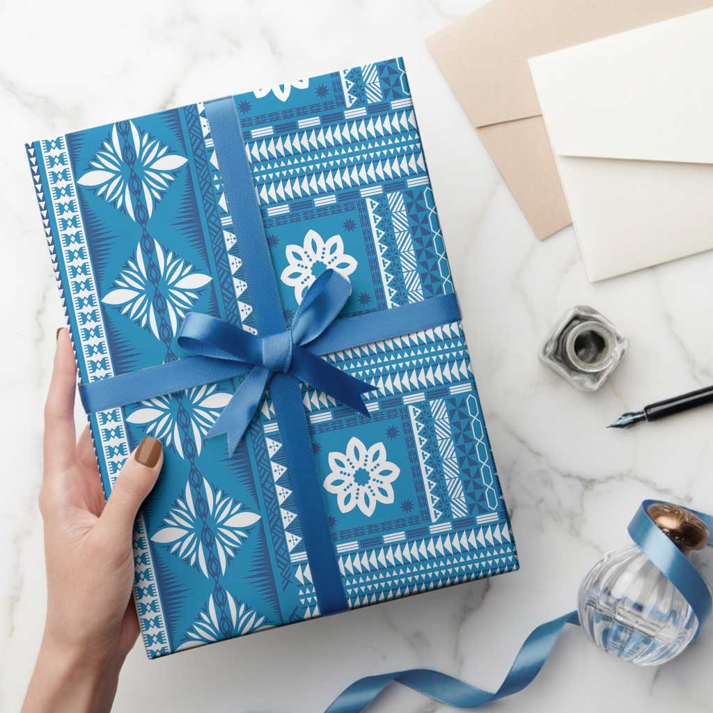 Fiji Masi All Blue Wrapping Paper Tapa Pattern - Polynesian Pride
