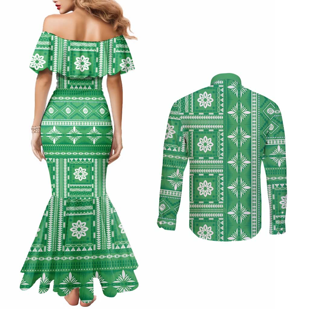 Fiji Masi All Green Couples Matching Mermaid Dress and Long Sleeve Button Shirt Tapa Pattern - Polynesian Pride
