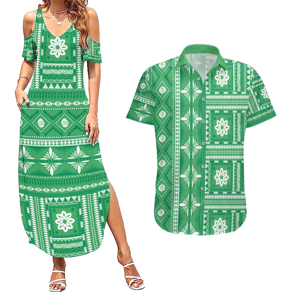 Fiji Masi All Green Couples Matching Summer Maxi Dress and Hawaiian Shirt Tapa Pattern LT01 Green - Polynesian Pride