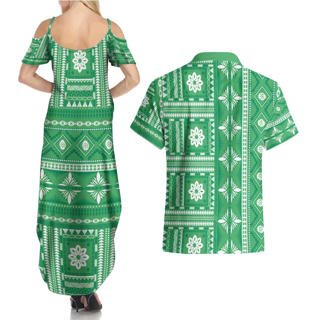 Fiji Masi All Green Couples Matching Summer Maxi Dress and Hawaiian Shirt Tapa Pattern LT01 - Polynesian Pride