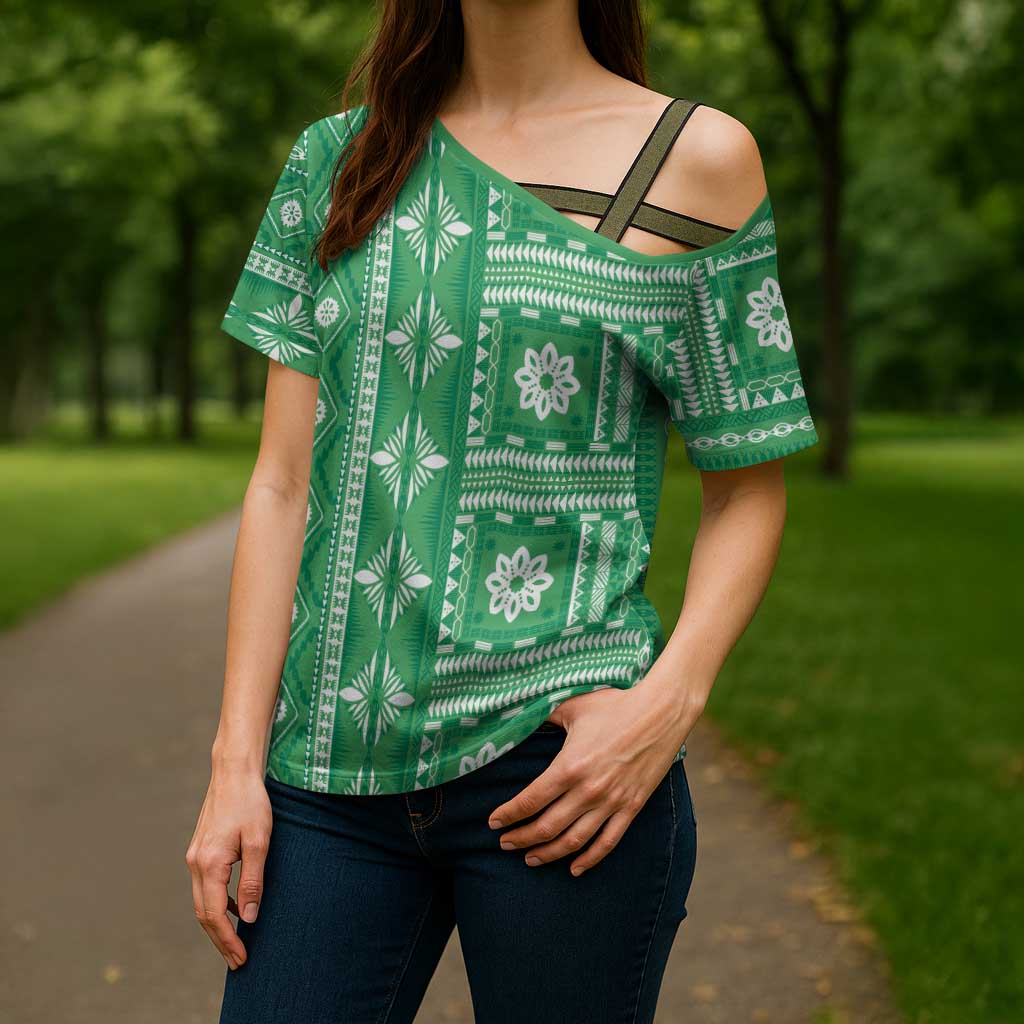 Fiji Masi All Green Cross Shoulder Shirt Tapa Pattern - Polynesian Pride