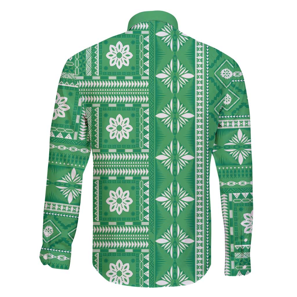 Fiji Masi All Green Family Matching Long Sleeve Bodycon Dress and Hawaiian Shirt Tapa Pattern - Polynesian Pride