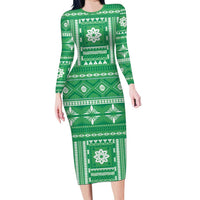 Fiji Masi All Green Family Matching Long Sleeve Bodycon Dress and Hawaiian Shirt Tapa Pattern - Polynesian Pride