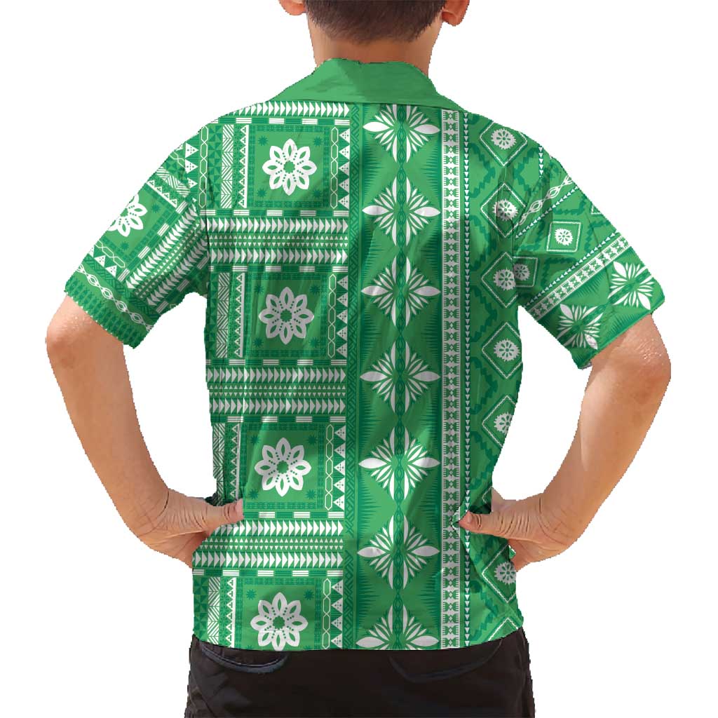 Fiji Masi All Green Family Matching Off Shoulder Maxi Dress and Hawaiian Shirt Tapa Pattern - Polynesian Pride