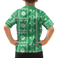 Fiji Masi All Green Family Matching Off Shoulder Maxi Dress and Hawaiian Shirt Tapa Pattern - Polynesian Pride