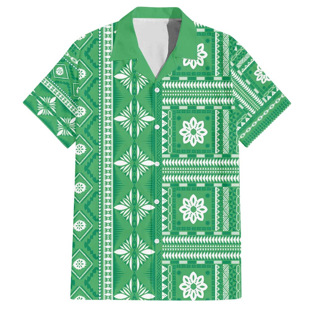 Fiji Masi All Green Family Matching Off Shoulder Maxi Dress and Hawaiian Shirt Tapa Pattern - Polynesian Pride