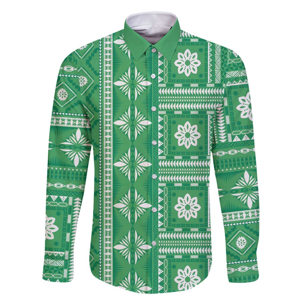 Fiji Masi All Green Family Matching Off Shoulder Short Dress and Hawaiian Shirt Tapa Pattern LT01 Dad's Shirt - Long Sleeve Green - Polynesian Pride