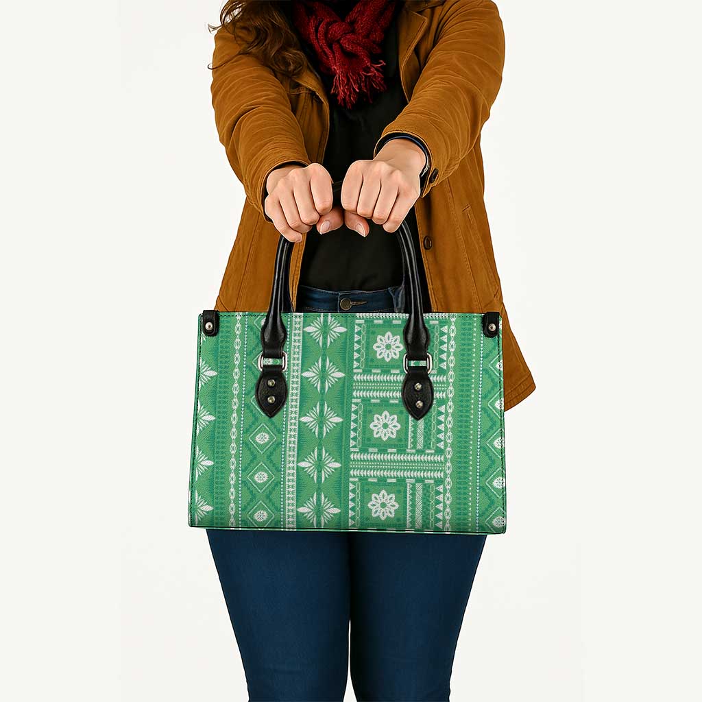 Fiji Masi All Green Leather Bag Tapa Pattern - Polynesian Pride