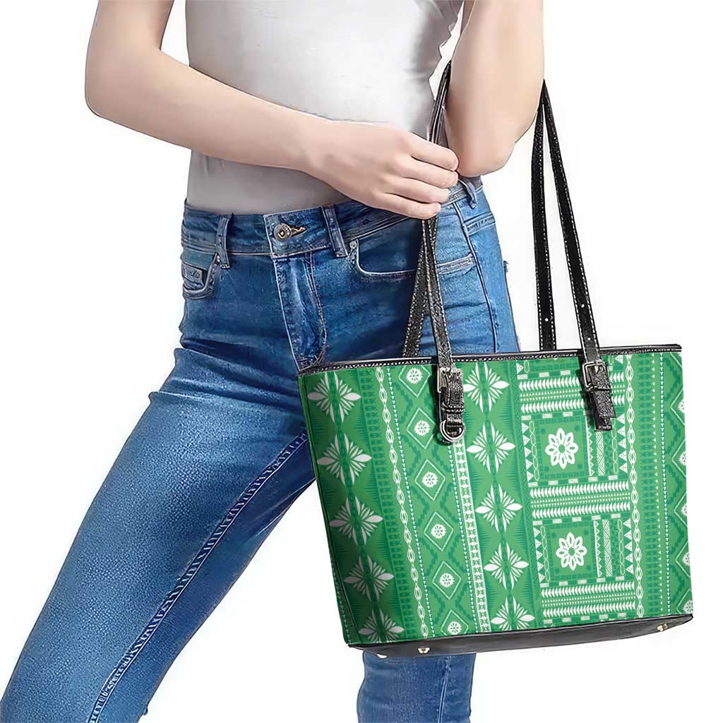 Fiji Masi All Green Leather Tote Bag Tapa Pattern - Polynesian Pride