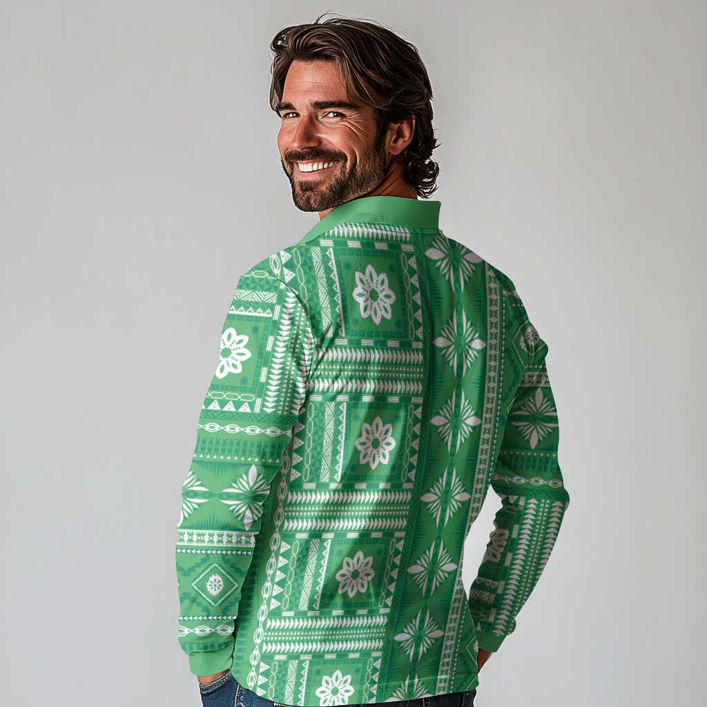 Fiji Masi All Green Long Sleeve Polo Shirt Tapa Pattern - Polynesian Pride