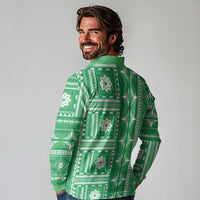 Fiji Masi All Green Long Sleeve Polo Shirt Tapa Pattern - Polynesian Pride