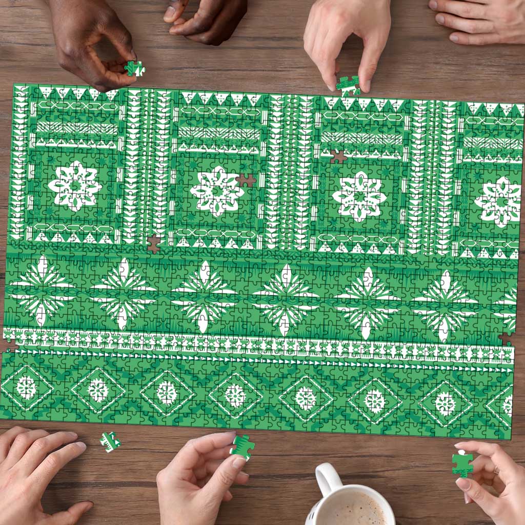 Fiji Masi All Green Puzzle Tapa Pattern LT01 - Polynesian Pride