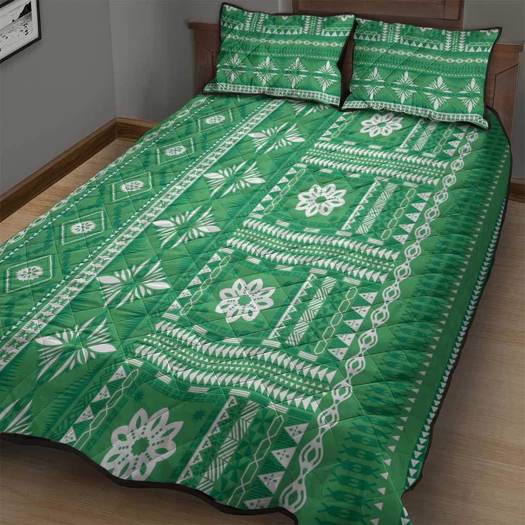 Fiji Masi All Green Quilt Bed Set Tapa Pattern - Polynesian Pride