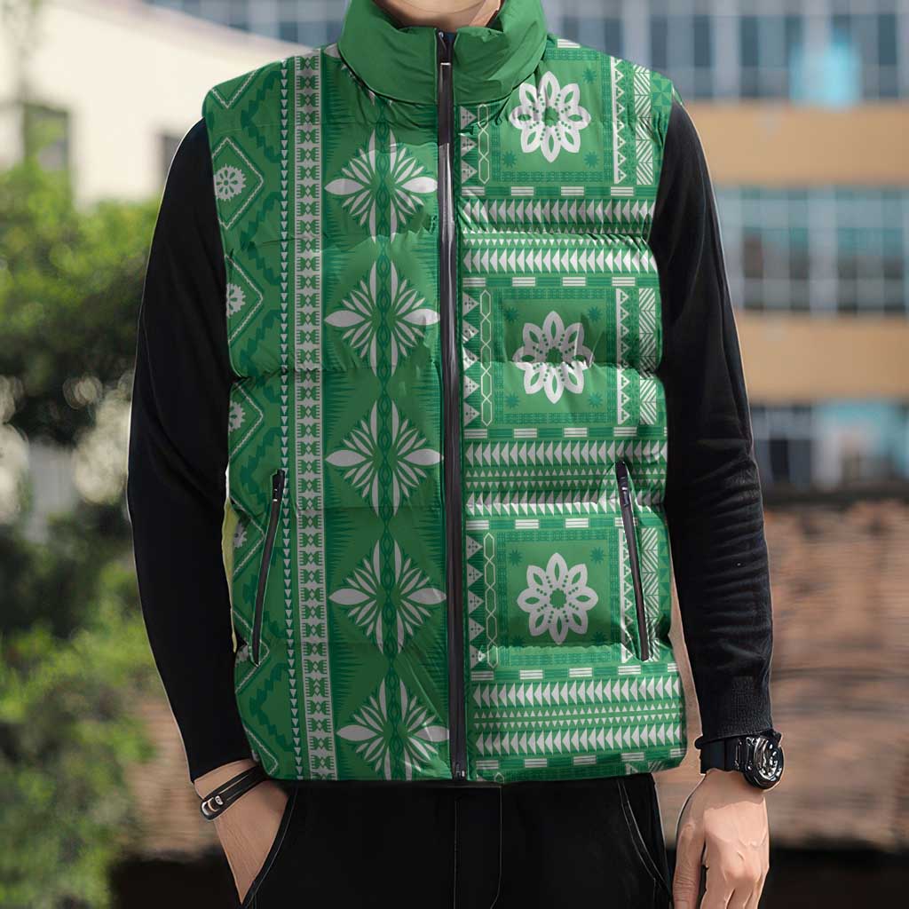 Fiji Masi All Green Sleeveless Puffer Jacket Tapa Pattern - Polynesian Pride