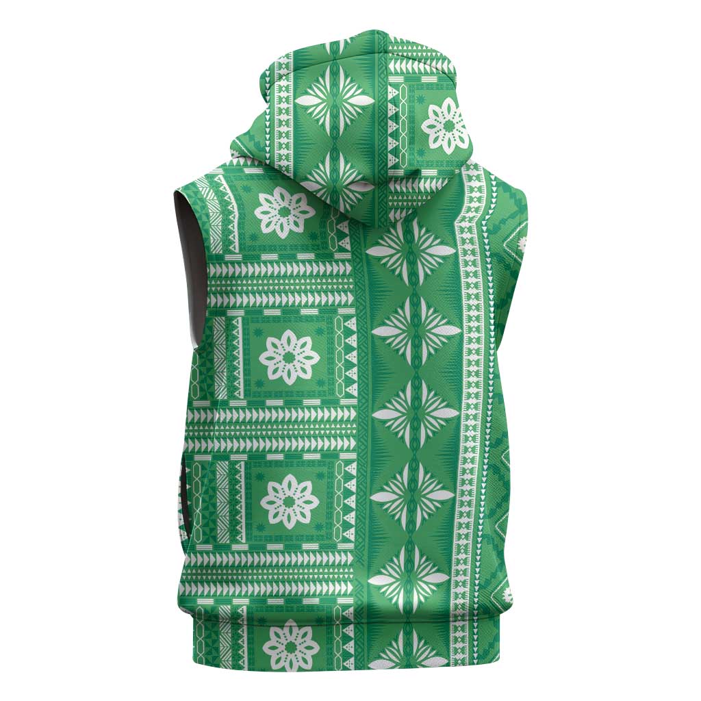 Fiji Masi All Green Sleeveless Zip Hoodie Tapa Pattern - Polynesian Pride