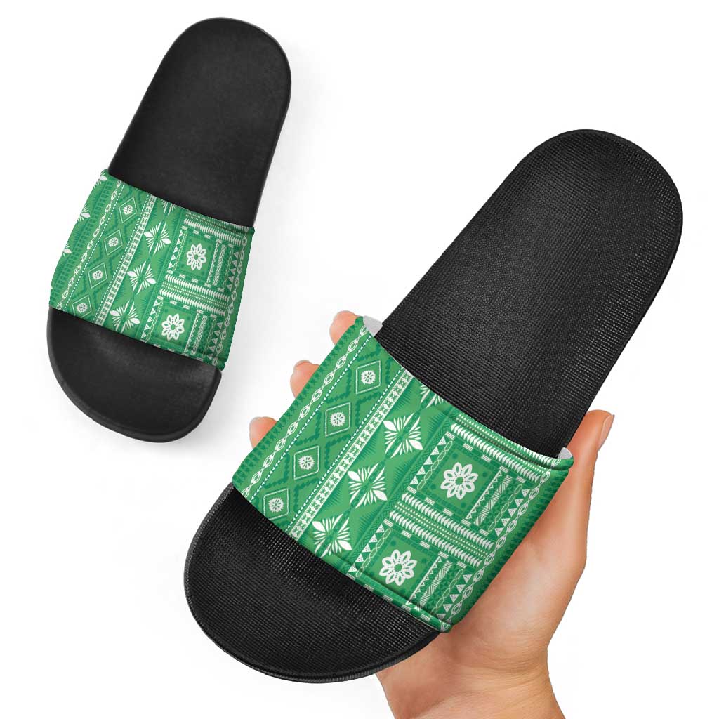 Fiji Masi All Green Slide Sandals Tapa Pattern - Polynesian Pride