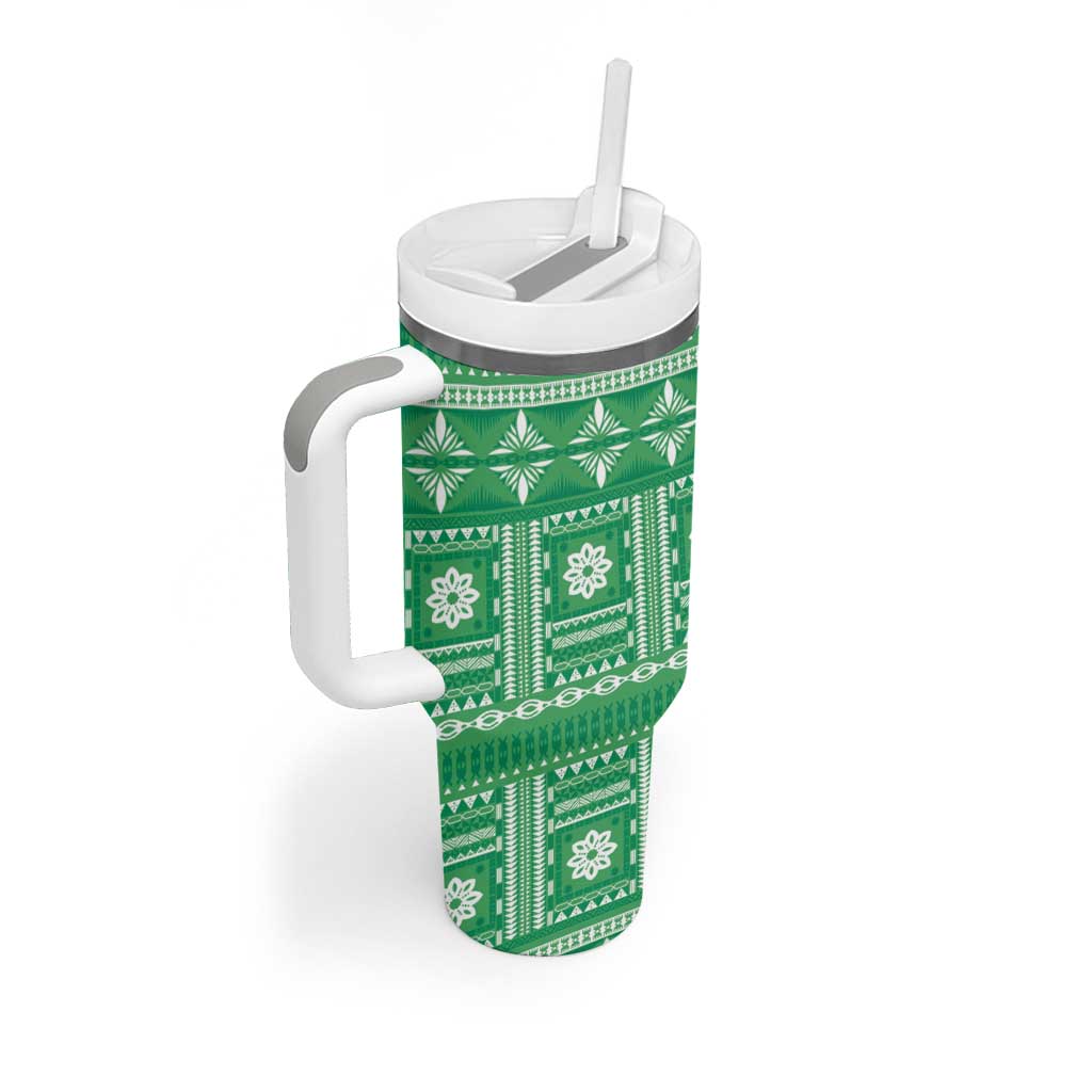 Fiji Masi All Green Tumbler With Handle Tapa Pattern - Polynesian Pride