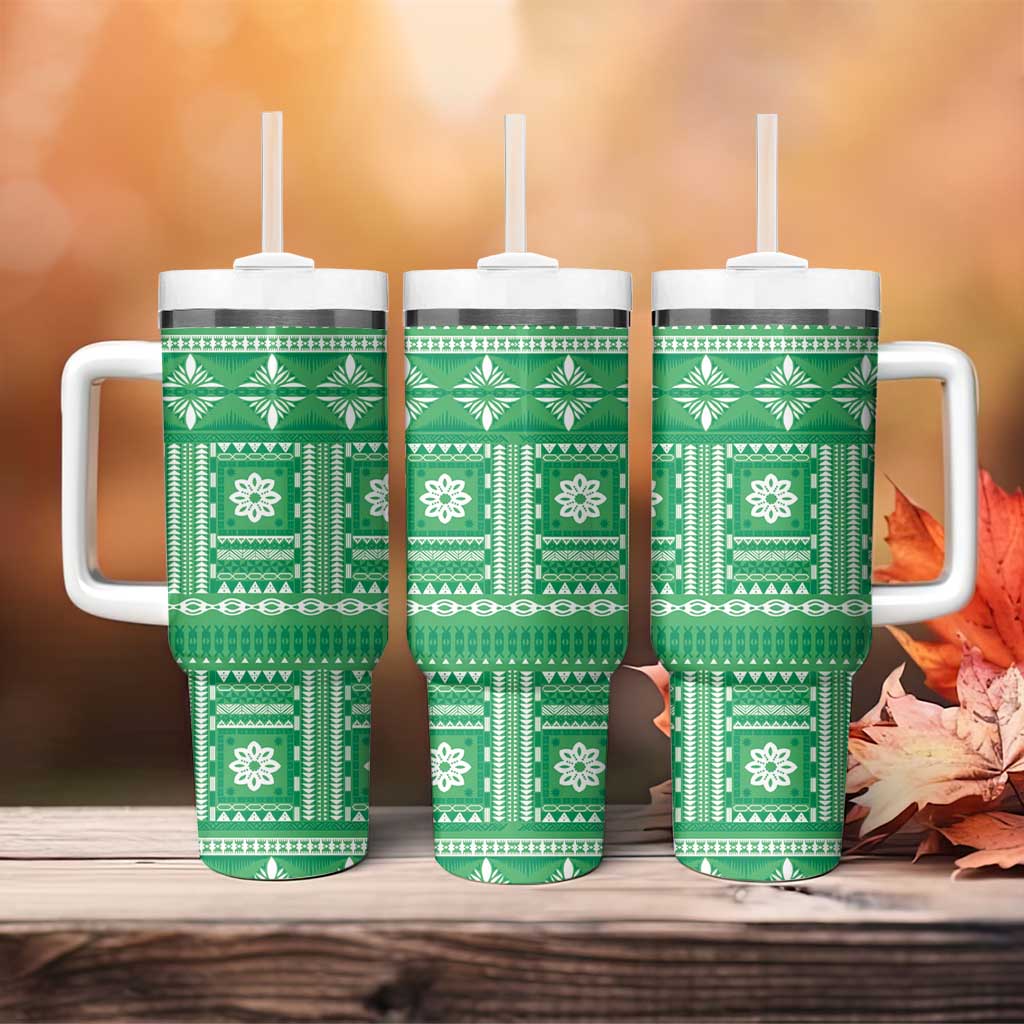 Fiji Masi All Green Tumbler With Handle Tapa Pattern - Polynesian Pride