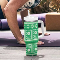 Fiji Masi All Green Tumbler With Handle Tapa Pattern - Polynesian Pride