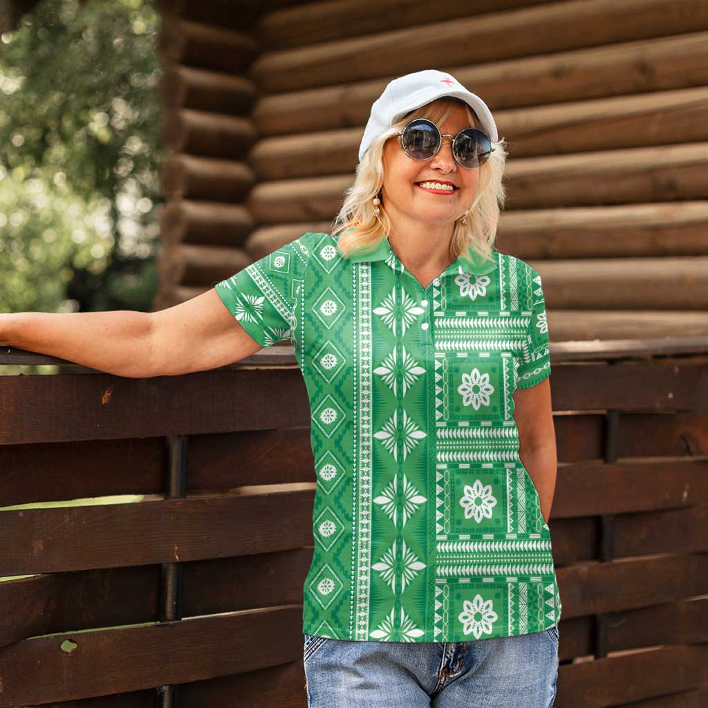 Fiji Masi All Green Women Polo Shirt Tapa Pattern - Polynesian Pride