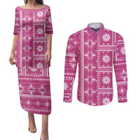Fiji Masi All Pink Couples Matching Puletasi and Long Sleeve Button Shirt Tapa Pattern LT01 Pink - Polynesian Pride
