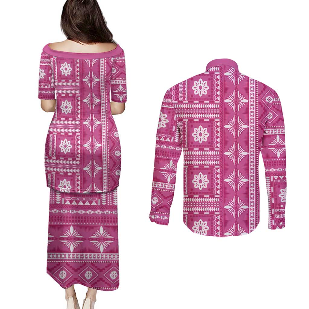Fiji Masi All Pink Couples Matching Puletasi and Long Sleeve Button Shirt Tapa Pattern LT01 - Polynesian Pride