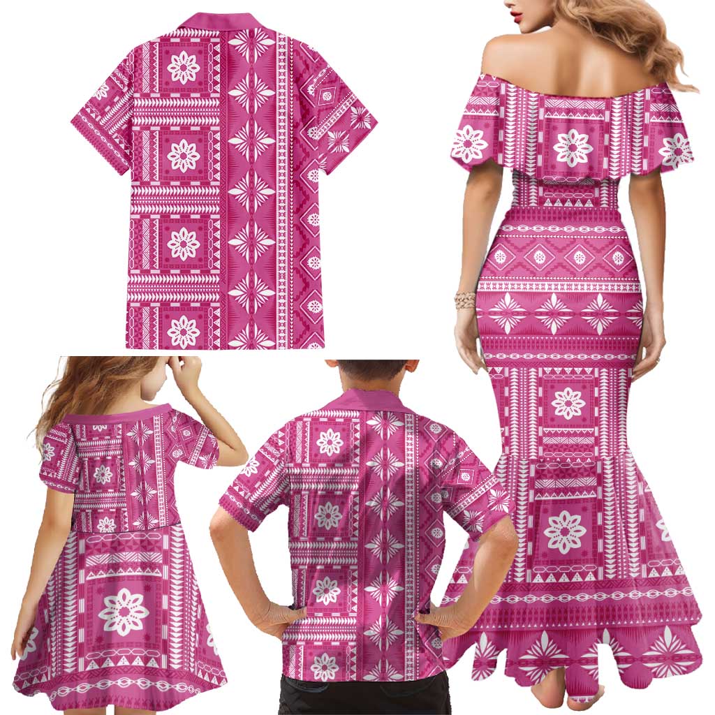 Fiji Masi All Pink Family Matching Mermaid Dress and Hawaiian Shirt Tapa Pattern - Polynesian Pride