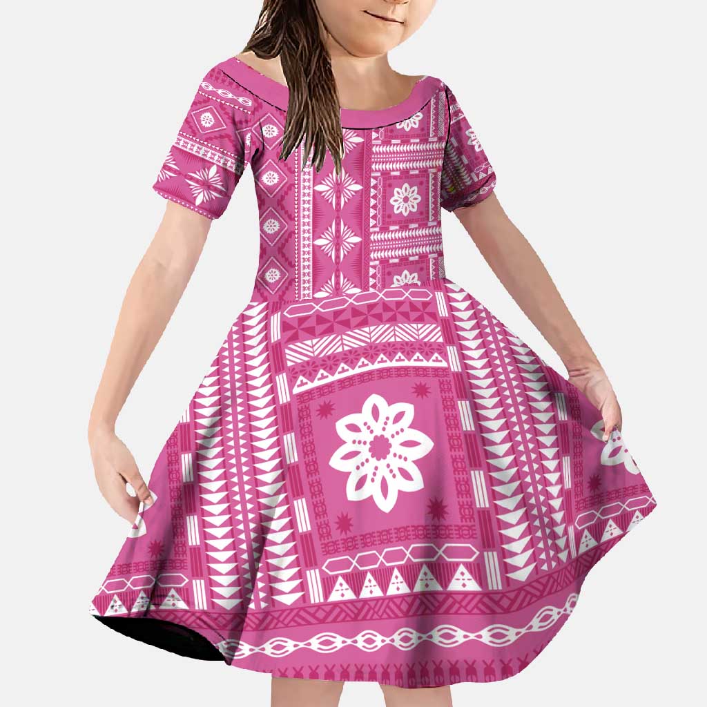 Fiji Masi All Pink Family Matching Off Shoulder Maxi Dress and Hawaiian Shirt Tapa Pattern - Polynesian Pride