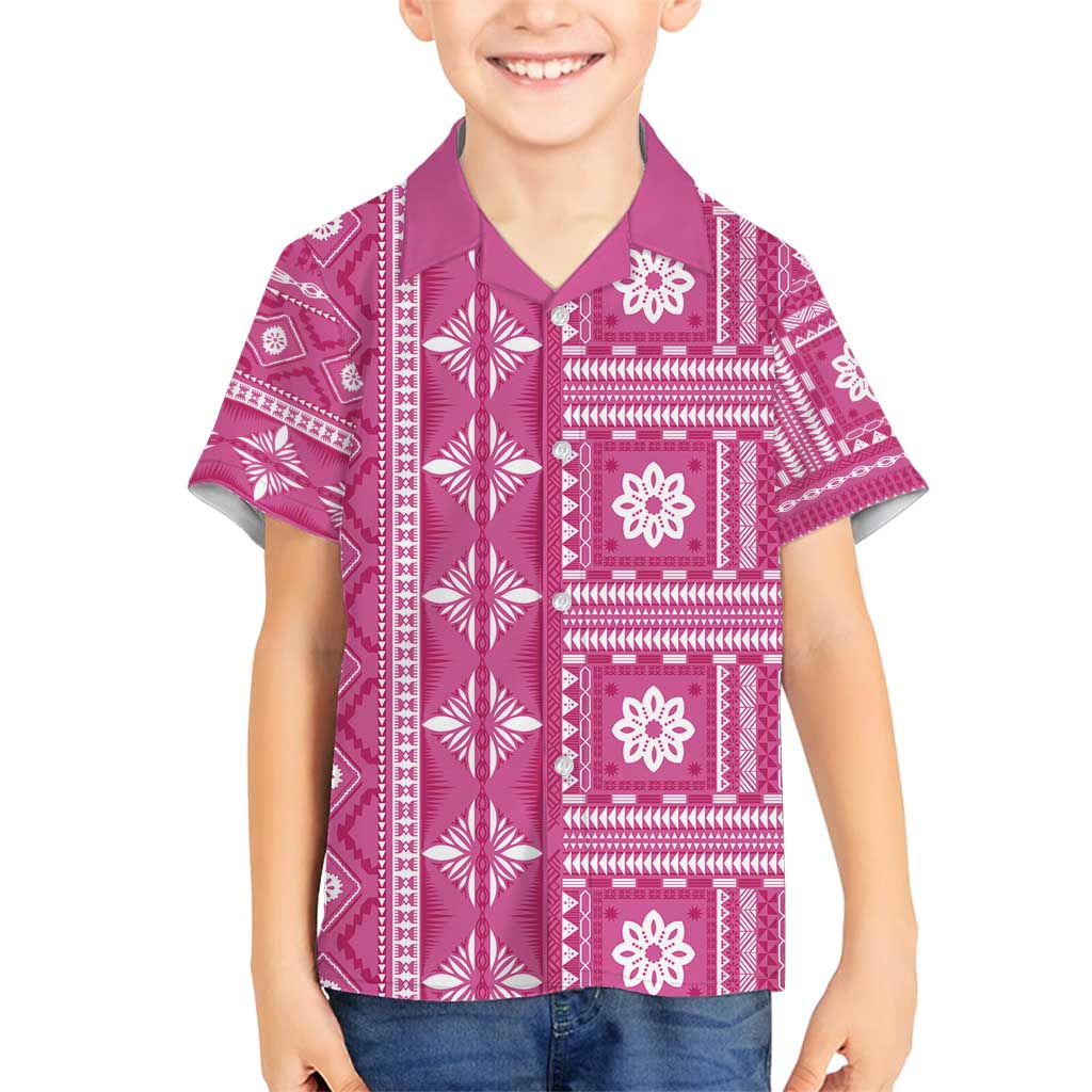 Fiji Masi All Pink Family Matching Off Shoulder Maxi Dress and Hawaiian Shirt Tapa Pattern - Polynesian Pride