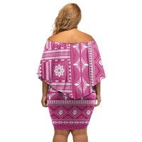 Fiji Masi All Pink Family Matching Off Shoulder Short Dress and Hawaiian Shirt Tapa Pattern - Polynesian Pride