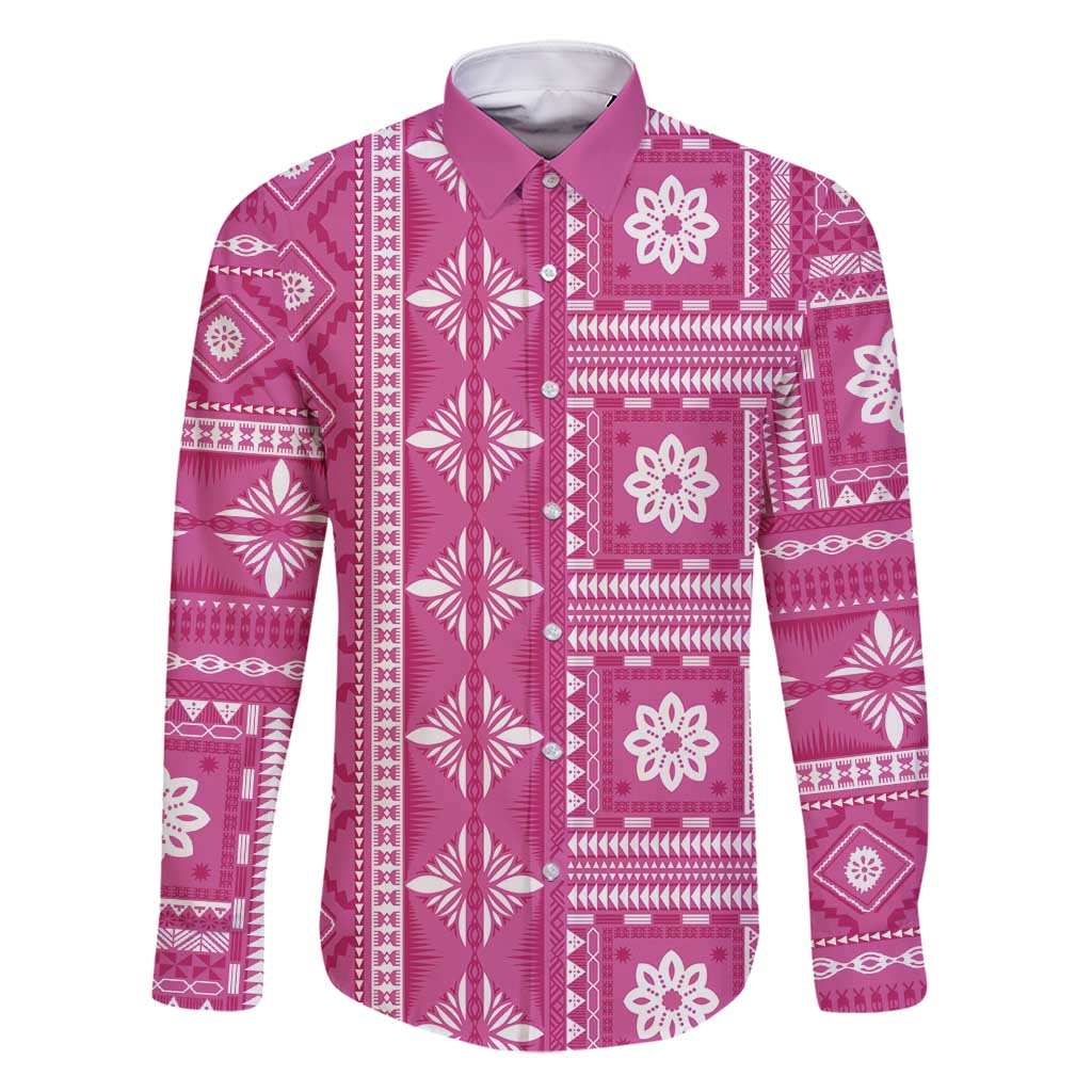 Fiji Masi All Pink Family Matching Summer Maxi Dress and Hawaiian Shirt Tapa Pattern LT01 Dad's Shirt - Long Sleeve Pink - Polynesian Pride