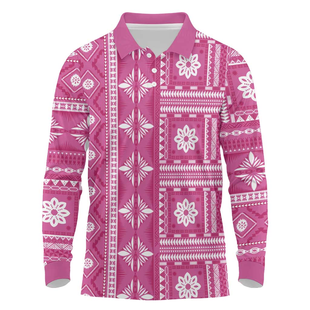 Fiji Masi All Pink Long Sleeve Polo Shirt Tapa Pattern - Polynesian Pride