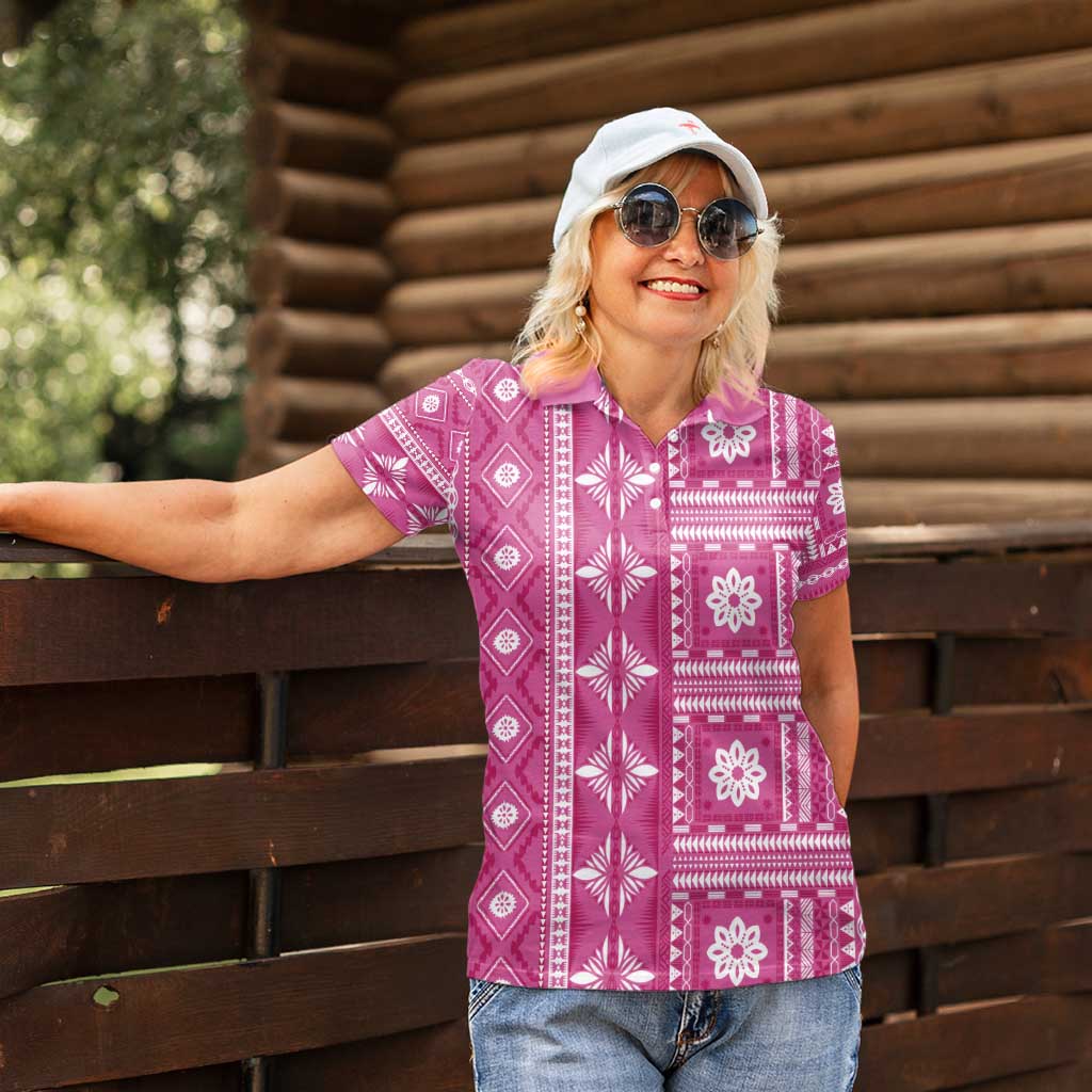 Fiji Masi All Pink Women Polo Shirt Tapa Pattern - Polynesian Pride