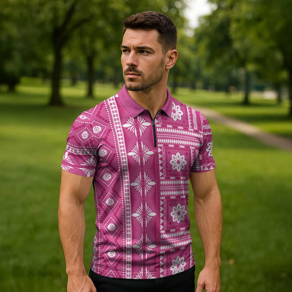 Fiji Masi All Pink Zipper Polo Shirt Tapa Pattern - Polynesian Pride