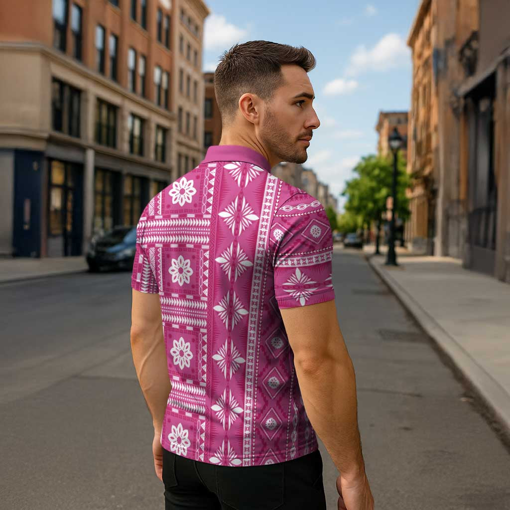 Fiji Masi All Pink Zipper Polo Shirt Tapa Pattern - Polynesian Pride