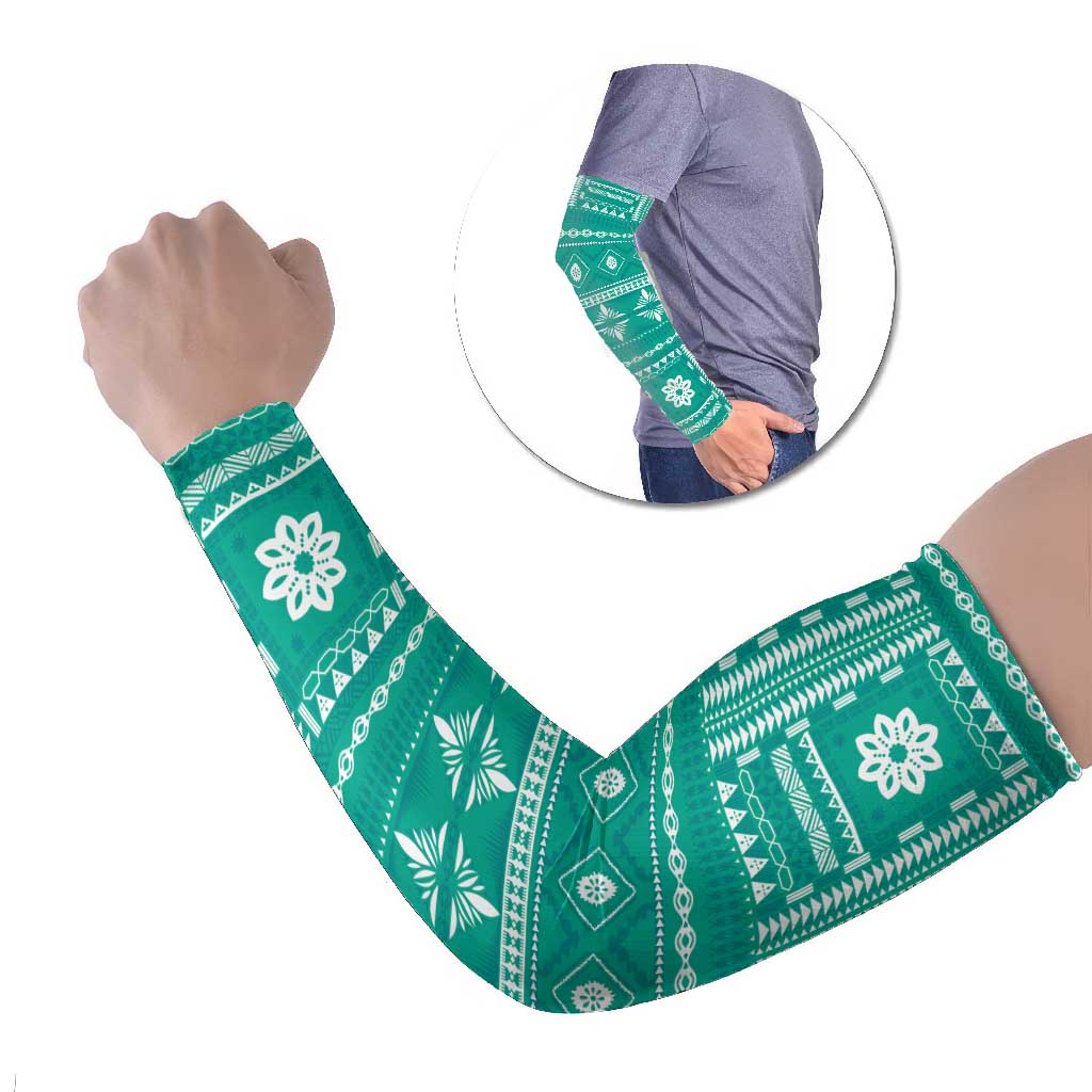 Fiji Masi All Teal Arm Sleeves Tapa Pattern - Polynesian Pride