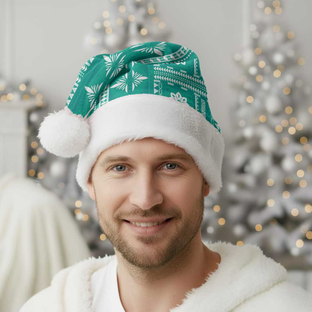 Fiji Masi All Teal Christmas Santa Hat Tapa Pattern - Polynesian Pride
