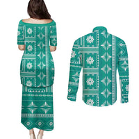 Fiji Masi All Teal Couples Matching Puletasi and Long Sleeve Button Shirt Tapa Pattern LT01 - Polynesian Pride