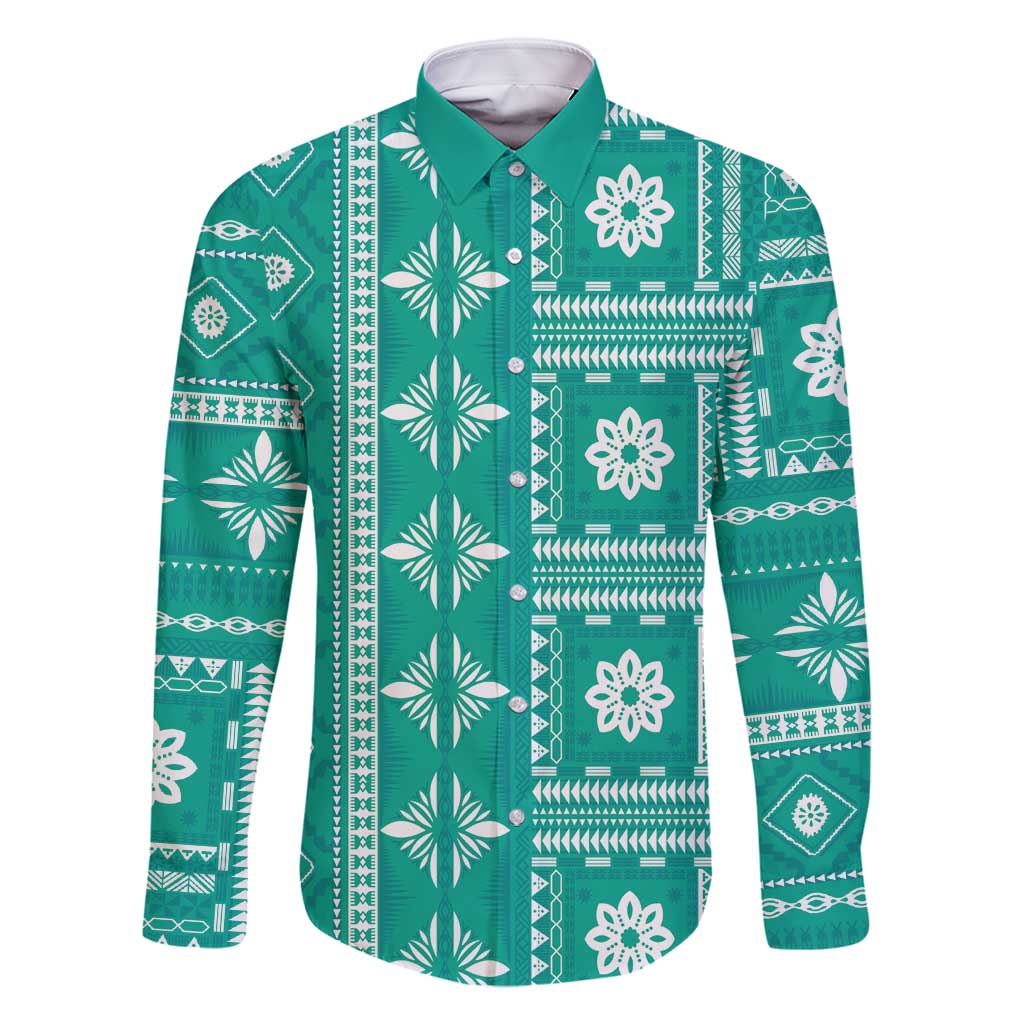 Fiji Masi All Teal Family Matching Long Sleeve Bodycon Dress and Hawaiian Shirt Tapa Pattern - Polynesian Pride
