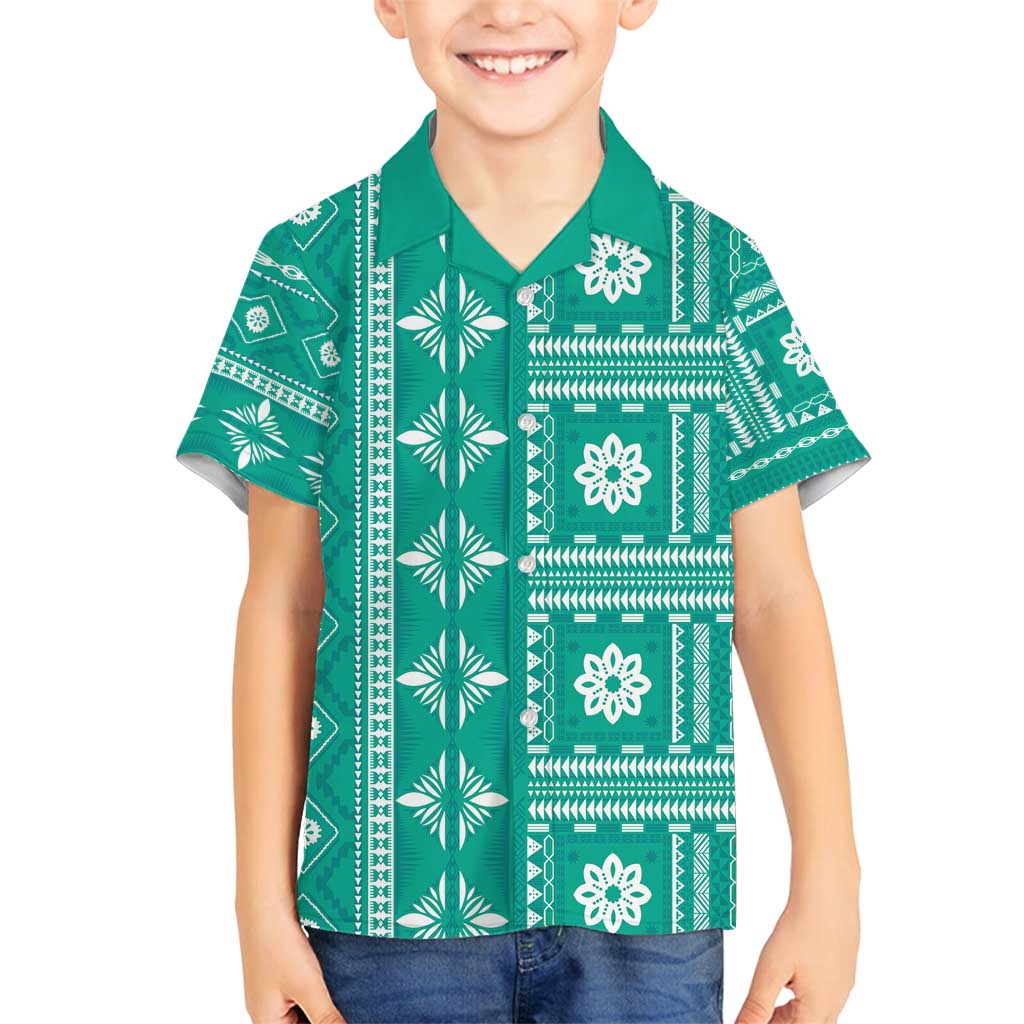 Fiji Masi All Teal Family Matching Long Sleeve Bodycon Dress and Hawaiian Shirt Tapa Pattern - Polynesian Pride