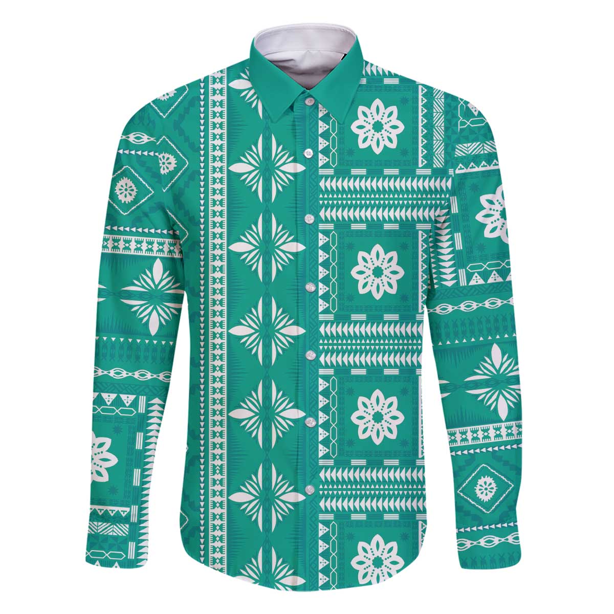 Fiji Masi All Teal Family Matching Off The Shoulder Long Sleeve Dress and Hawaiian Shirt Tapa Pattern - Polynesian Pride