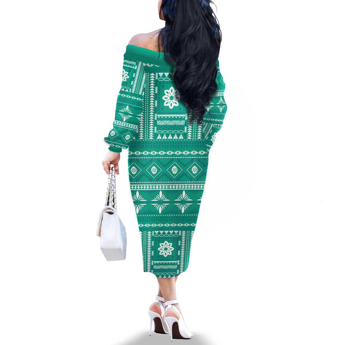 Fiji Masi All Teal Family Matching Off The Shoulder Long Sleeve Dress and Hawaiian Shirt Tapa Pattern - Polynesian Pride