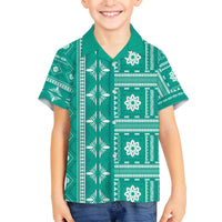 Fiji Masi All Teal Family Matching Off The Shoulder Long Sleeve Dress and Hawaiian Shirt Tapa Pattern - Polynesian Pride
