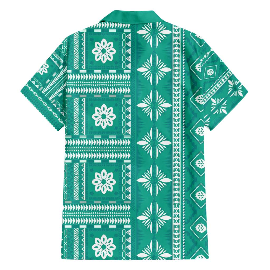 Fiji Masi All Teal Family Matching Off Shoulder Maxi Dress and Hawaiian Shirt Tapa Pattern - Polynesian Pride