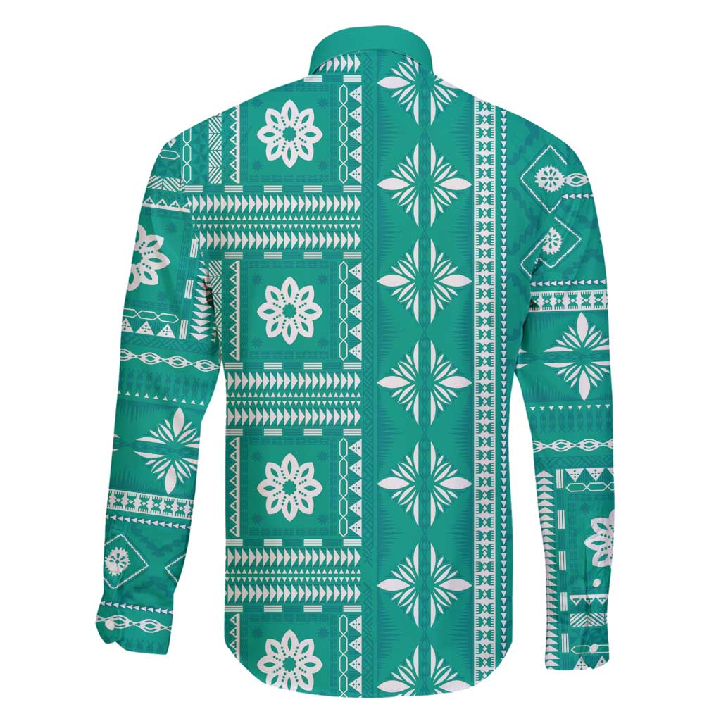 Fiji Masi All Teal Family Matching Off Shoulder Maxi Dress and Hawaiian Shirt Tapa Pattern - Polynesian Pride