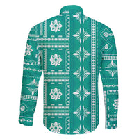 Fiji Masi All Teal Family Matching Off Shoulder Maxi Dress and Hawaiian Shirt Tapa Pattern - Polynesian Pride
