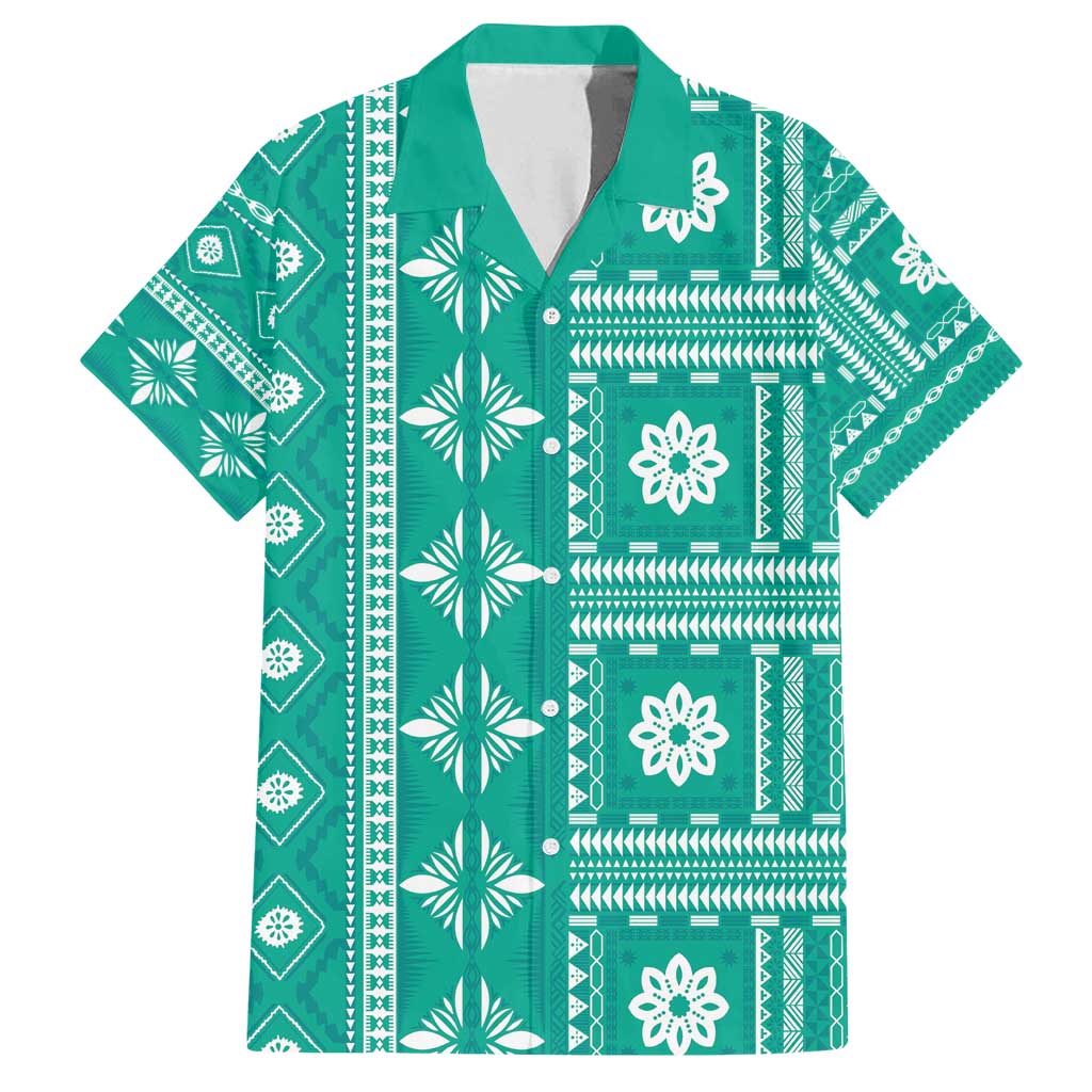 Fiji Masi All Teal Family Matching Off Shoulder Short Dress and Hawaiian Shirt Tapa Pattern LT01 Dad's Shirt - Short Sleeve Teal - Polynesian Pride