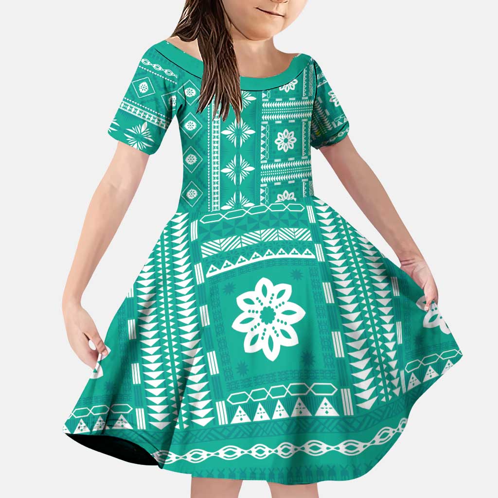 Fiji Masi All Teal Family Matching Puletasi and Hawaiian Shirt Tapa Pattern - Polynesian Pride