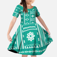Fiji Masi All Teal Family Matching Puletasi and Hawaiian Shirt Tapa Pattern - Polynesian Pride