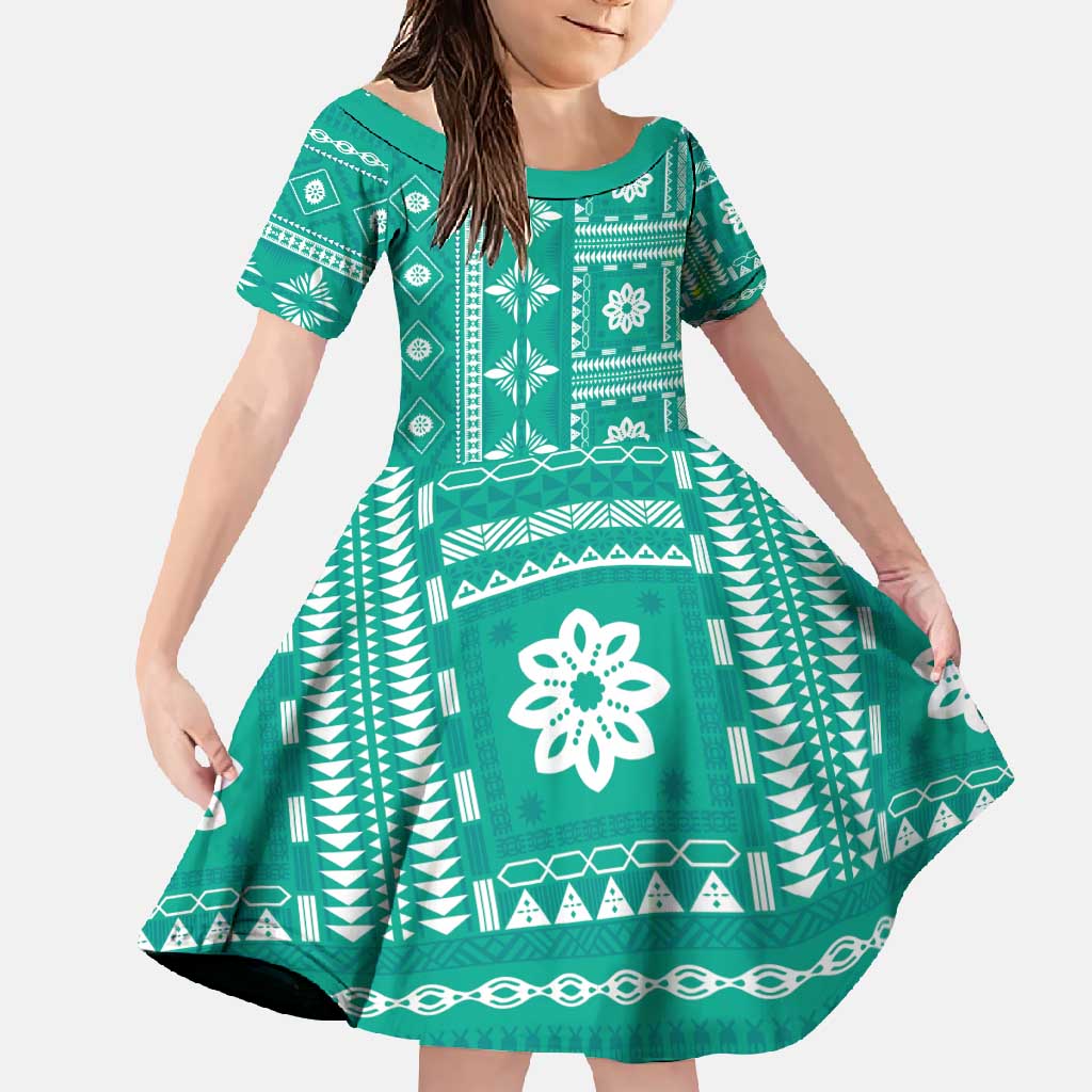 Fiji Masi All Teal Family Matching Short Sleeve Bodycon Dress and Hawaiian Shirt Tapa Pattern - Polynesian Pride